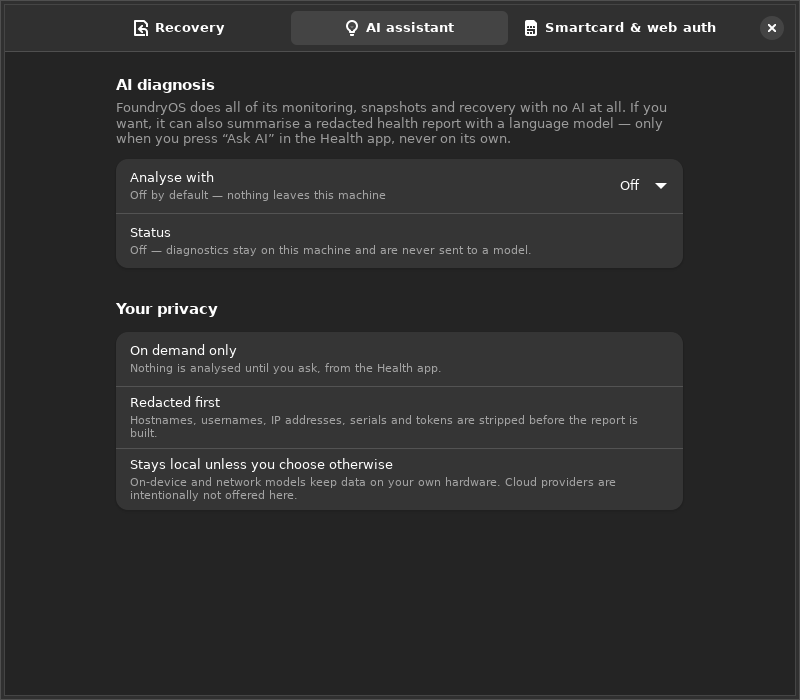 The Foundry Control AI assistant page, showing analysis turned off by default