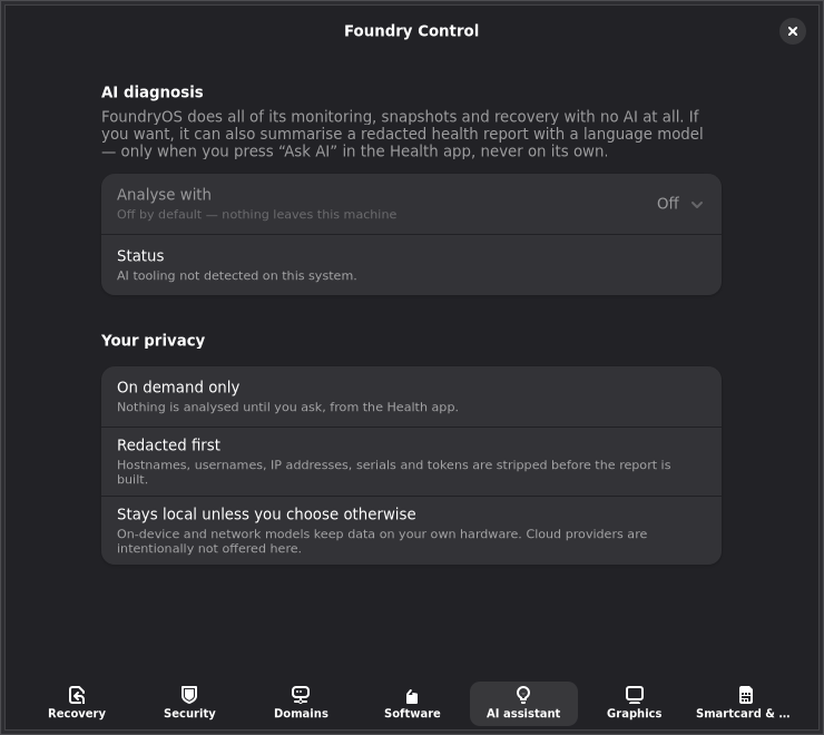 The Foundry Control AI assistant page, showing analysis turned off by default